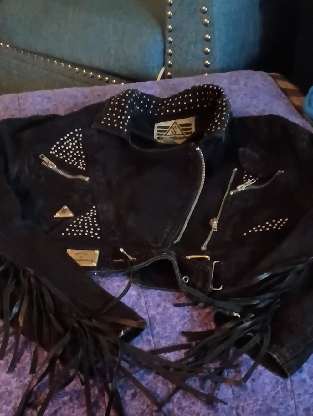 Vintage Studded Black Fringe Women's Moto Jacket Black denim W Leather Fringe